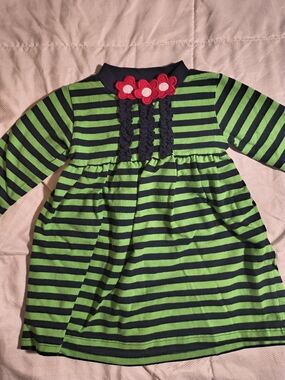 Florence Eiseman Green and Black Striped Dress with Red Floral Appliqué